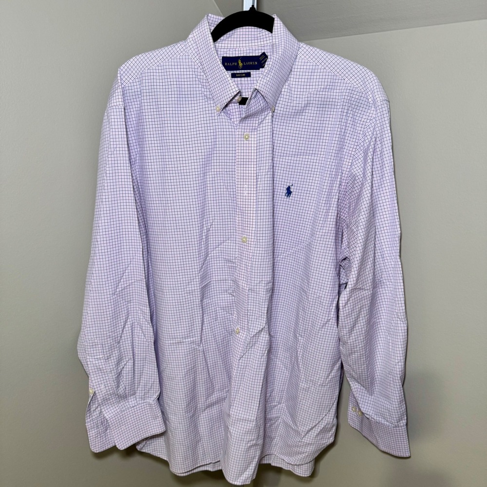 Ralph Lauren Mens Easy Care Check Button Down Shirt 18 34/35 Pink Navy White